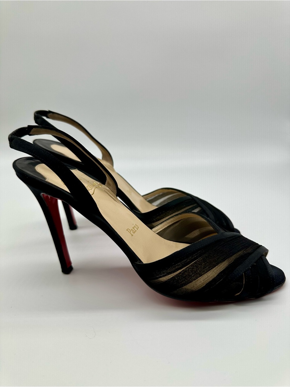 Christian Louboutin Black Slingback Peep-Toe Heels with Signature Red Sole